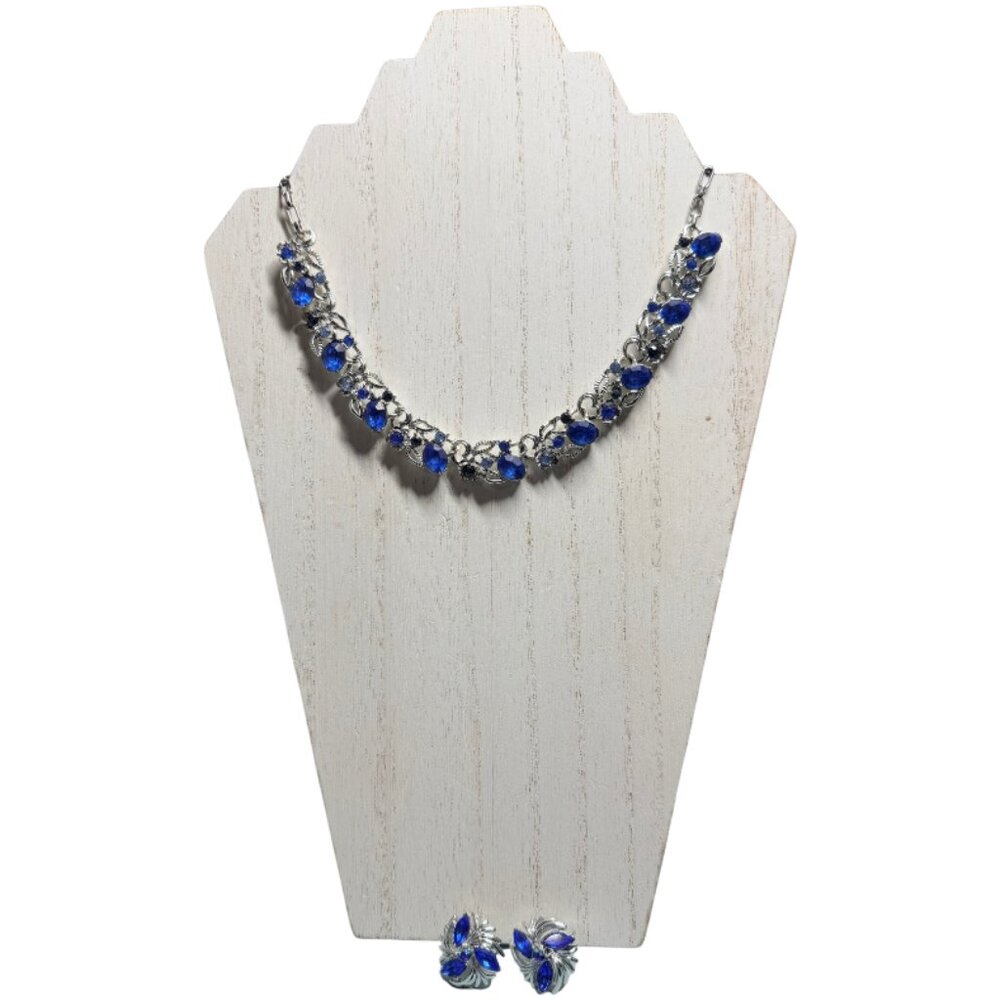 Vintage Silver STAR Signed Blue Rhinestone Necklace & Earrings Set Mid- Century